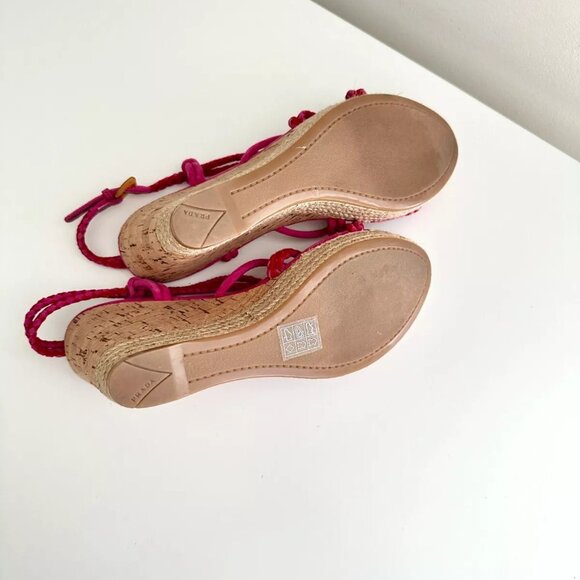 PRADA Strappy Suede Slingback Cork Wedge Sandals in Fuchsia Red Size 38.5 US 8.5 - Picture 10 of 10